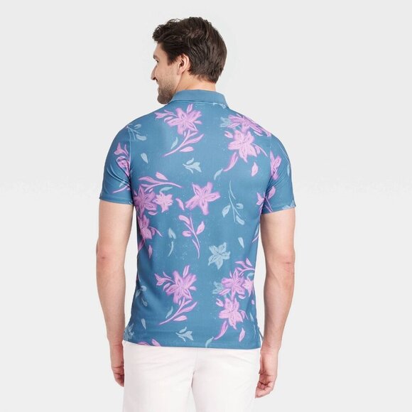 Medium - Mens Floral Print Textured Polo Shirt - All In Motion - Blue - Picture 2 of 6